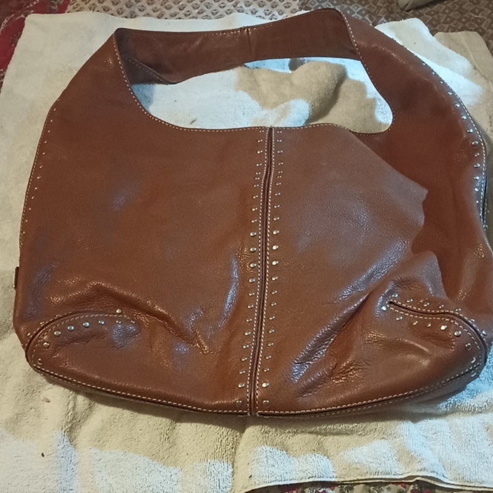 Brown Leather Studded Hobo Bag